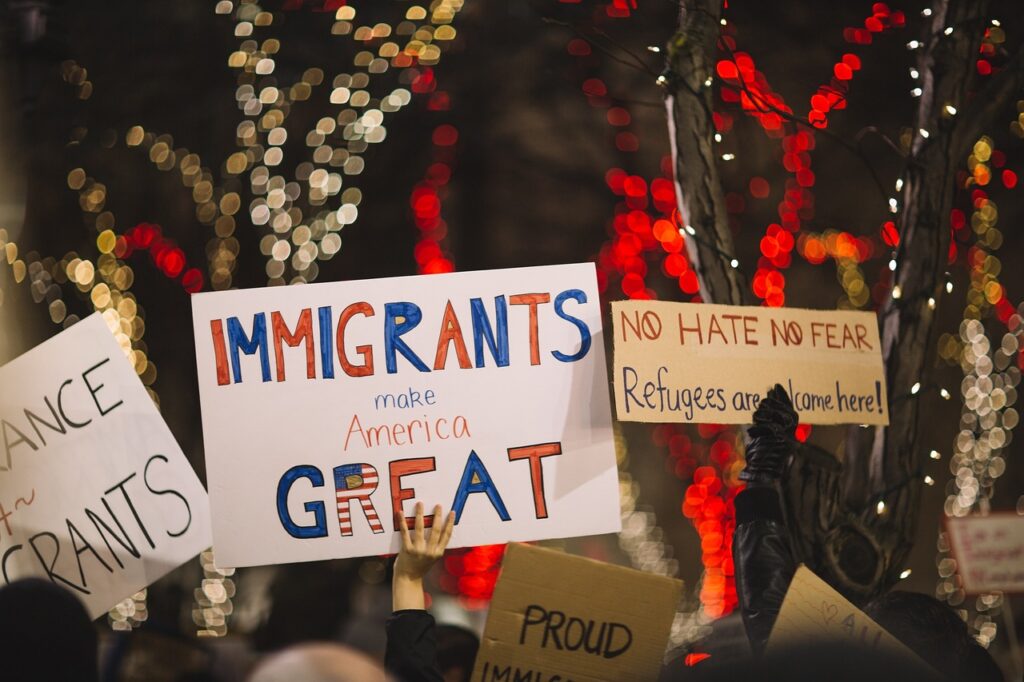 posters, people, rally